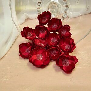 12pc Rose Garden Mini Red Satin Flower Set, Red with Iridescent Centers